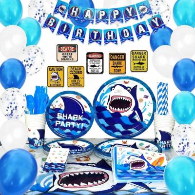 China Fun Shark Party Supplies Set - Blue Ocean Pool Party Decorations For Boys Kids Birthday Banner Signs Balloons Cutlery Bag for sale