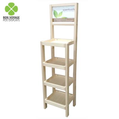 China Custom 4 Tiers Floor Display Rack Solid Wood Wooden Raw Wooden Display Stand For Cosmetic for sale