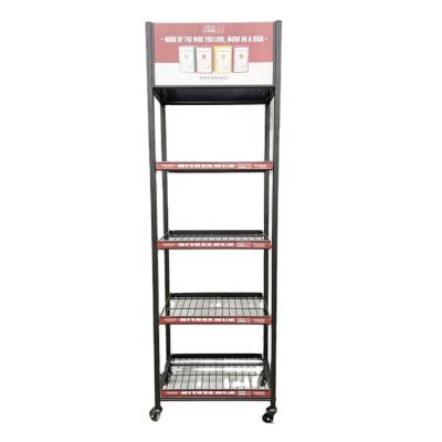 China Supermarket/Mall Supermarket Retail Store POP Stand/4 Tier Floor Standing Metal Wire Shelf Liquor Wine Bottle Display Rack With Casters for sale