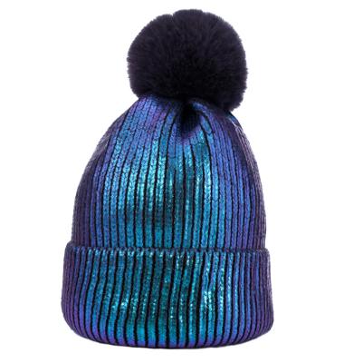 China Outdoor Fashion Metallic Wool Warm Knit Hats Winter Woll Ball Knitted Ladies Sweater Hat Faux Fur Pom Pom Bronzing Beanies for sale