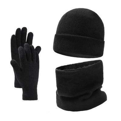 China Winter Casual Beanie Hat Scarf Touchscreen Gloves Set Beanie Gloves Neck Warmer Set Warm Knit Striped Fleece For Men And Women for sale