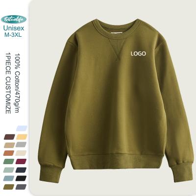 China Custom Logo 100% Thick Plain Crewneck Sweatshirt Unisex 470gsm High Quality Cotton Pullover Anti-wrinkle Streetwear Sweatshirts For Men for sale