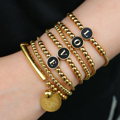 China Factory Sale 316l Stainless Steel Punk Gold Plated Box Chain Beaded Initial Letter Chain Bracelet For Women Men for sale