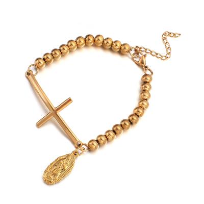 China Punk Gold Plated Titanium Steel Box Chain Beaded Cross Bracelet Chain Jewelry for sale