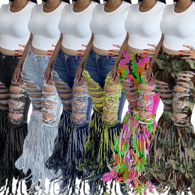 China 2020 New Women Breathable Ripped Flare Jeans Fashion Tassel Denim Long Pants Casual Hipster Slim Jeans S-2XL for sale