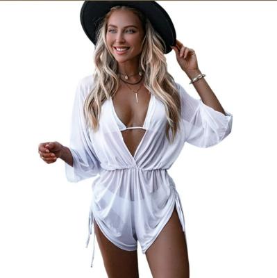 China Women's Hawaiian Outfits Breathable 3 Piece Swimsuit Summer Beach Cover Up Mesh Patchwork Floral Vacation White Swimwear Bikini Set 3pcs for sale