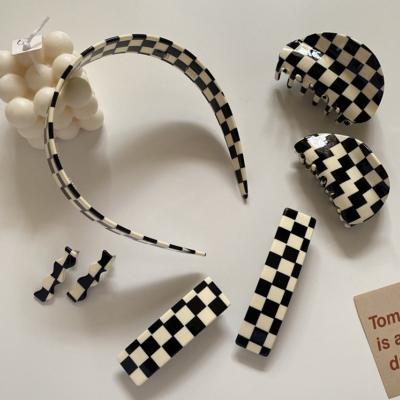 China Black and White Checkerboard Series Acetic Acid Hair Clip Hair Claw Headband Hair Accessory Set for sale