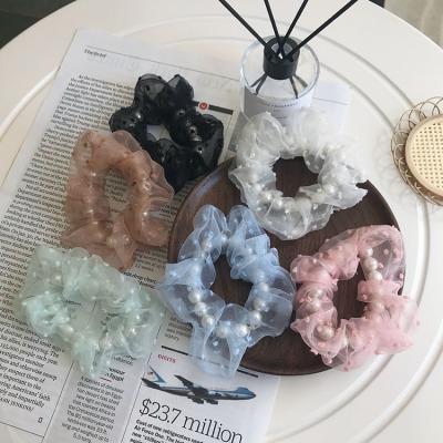 China Free Shipping Pearl Hair Scrunchies Dot Design Sweet Lace Silk Tulle Hair Decoration Women Girls for sale