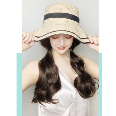 China Wholesale Women Girls Bowknot Long Big Decoration Fashion Wave Wig Sun Hat Straw Hat With Wigs for sale