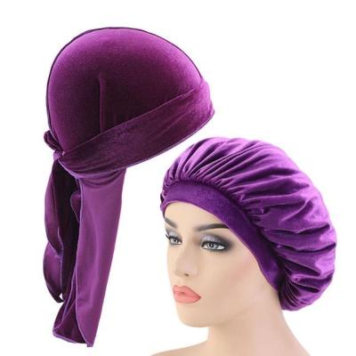 China Other 2pcs High Quality Set Men's and Women's Velvet Durag 360 Doo Rag With Unisex Sleep Hood Matching Hat for sale