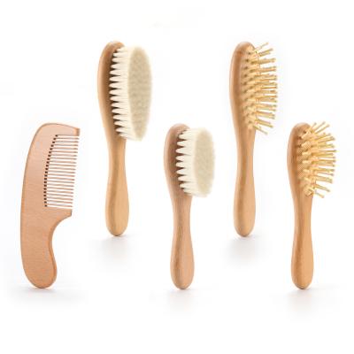 China Low MOQ Foldable Baby Goat Wooden Hair Brush and Comb Set Natural Soft Goat Bristle Brush Newborn Comb Set for sale