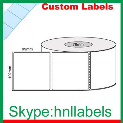 China Custom Thermal Label 102mmX99mm/1 Plain D/Thermal roll Perfs, 1,500Lpr, 76mm core for sale