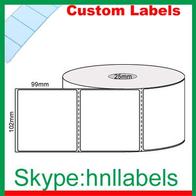 China Custom Thermal Label 102mmX99mm/1 Plain D/Thermal Roll Perm, Perfs, 500Lpr, 25mm core for sale