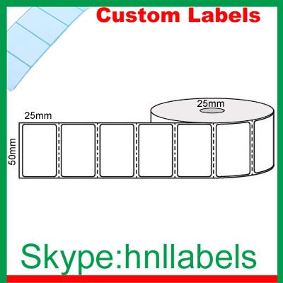 China Custom Thermal Label 50mmX25mm/1 Plain D/Therm Roll Perm Perf 500Lpr 25mm Core for sale