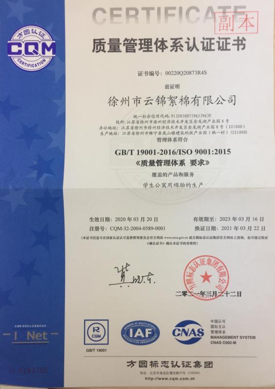 ISO9001 - Xuzhou Yunjin Bat Wool Co., Ltd.