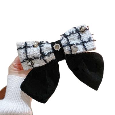 China Fashion Factory Wholesale Hair Clip Retro Woolen Plaid Bowknot Barrette Diamond Bling Girl Hairpin for sale