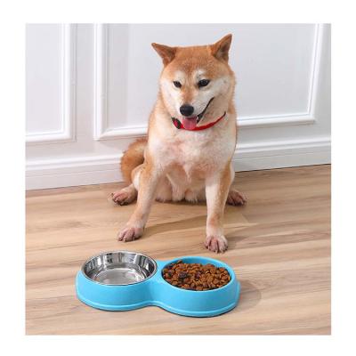 China Small Stainless Steel Cat Pet Dog Feeding Food Bowls Pet Paw Slow Feeding Double Bowl Sustainable Cute Water Feeder for sale