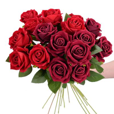 China Amazon Hot Sale Single Velvet Wedding Celebration Artificial Flower Red Rose Bulk Wedding Decorative Red Eternal Rose Flowers Artificial for sale