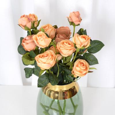 China European retro 3head silk fabric simulated hand rose bouquet restaurantcreative wedding decoration home hotel artificial flower fake for sale