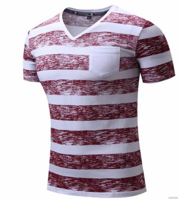 China Breathable Mens T Shirts Striped V Neck Top Cotton EUR Size Grade Pocket for sale