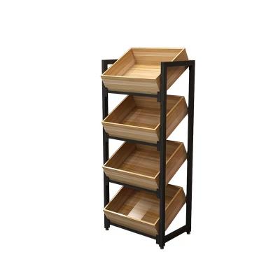 China Metal Multifunction Wooden Wine Fruit Vegetable Display Shelves For Grocery Shop for sale