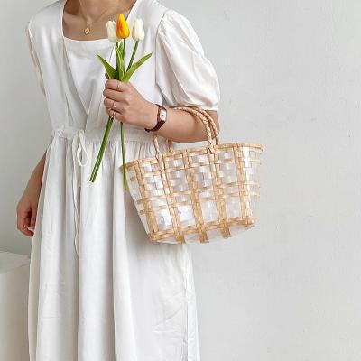 China Fashion creative new design lady bag fashionable trend chic handbag transparent stripe weave vegetable basket bag woman for sale