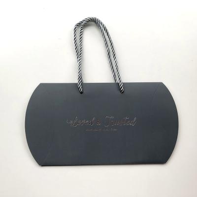 China Sliver Aluminum Logo Gray Matte Pillow Box With Cord Recyclable Handle for sale