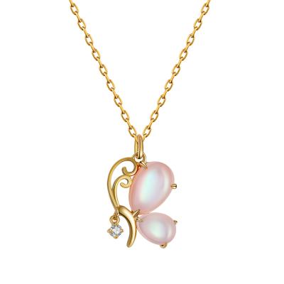 China Trendy Solid Gold Natural Pearl Moissanite Diamond Butterfly Charm Necklace Fashion Jewelry 10K 14K 18K from RINNTIN N15 for sale