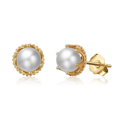 China 2022 New Arrivals 10K 14K 18K Solid Gold Round Shape Cute Earring Simple RINNTIN GE08 Pearl Stud Earring For Girl for sale