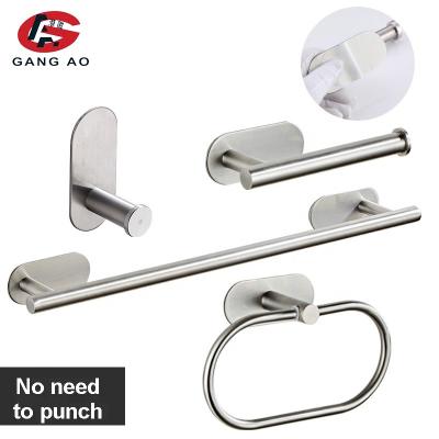 China Minimalist Silver Stainless Steel Bathroom Hardware Set Towel Rack Toilet Paper Holder Hook Towel Hook Bathroom Accessories Without Nails for sale