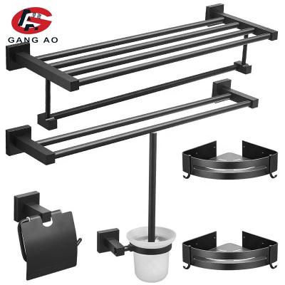 China Modern Bathroom Hardware Set Black Towel Hanger Aluminum Towel Hook Holder Towel Ring for sale