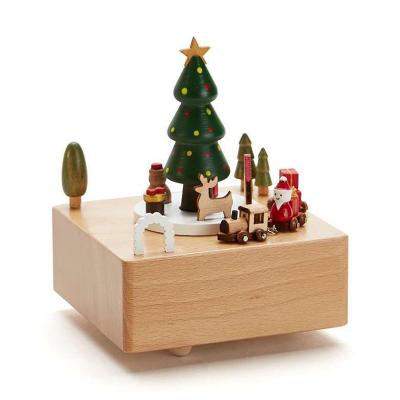 China Santa Claus Merry Christmas Tree Wooden Beech Wooden Train Solid Rotating Music Box Eco-friendly Hot Creative Kids Gift for sale