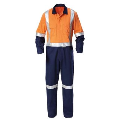 China Orange 100% Orange/Navy Two Tone Reflective Safety High Visibility Personal Protective Equipment Manufacturer Cotton Hi Vis Work Coverall Uniforms for sale