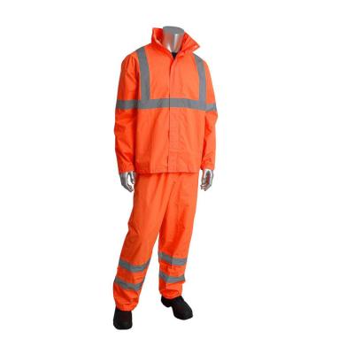 China Personal Protective Gear Class 3 Value Rain Suit Two Piece Set, Waterproof PU Coated, Hi Vis Orange SafetyGear Coveralls For Worker for sale