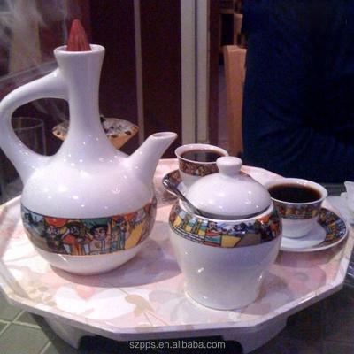 China 17PC ETHIOPIAN ART PORCELAIN COFFEE SET GOLD CERAMIC FINE TRIM TRIMS SUSTAINABLE for sale