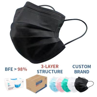 China High Filtration Medical Exam Hot-selling Hospital Custom Design 98 Percent Filter Dustproof Black Disposable Nonwoven Face Mask Earloop 3 Ply for sale