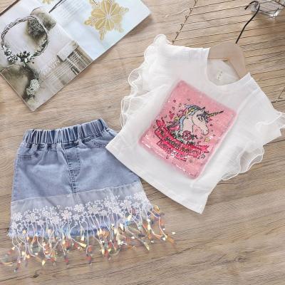 China Lil Denim Girl's Summer Casual Clothes Girls' Sequined Dressing Sets Unicorn Lace Top+ Skirts 2 Piece Set for sale