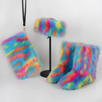 China Wholesale fashion trend fur boots hoods and bag sets fashion trend winter colorful shoes women's boots 2021 snow purse and shoe sets for sale