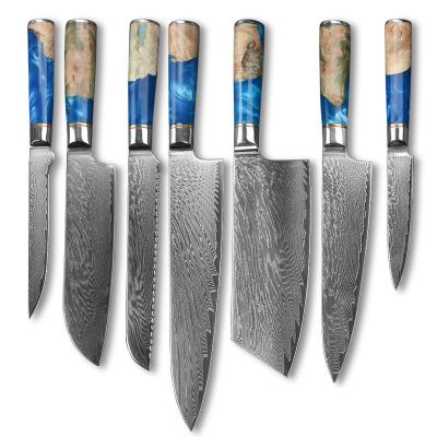 China Hot Sale Disposable 7 Pcs Damascus Steel Knife Set Kitchen Chef Knives With Blue Resin Handle for sale