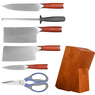 China 6 Pcs Disposable Kitchen Knife Set Pakka Handle Kitchen Chef Knife Scissors Honing Wood Steel With Oak Wood Holder for sale