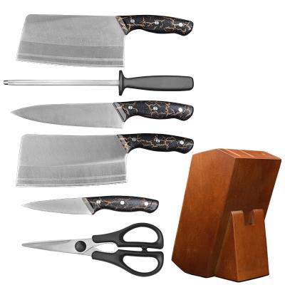 China Promotion Disposable PP Handle 6 Pcs Kitchen Knife Set Kitchen Chef Knives Honing Steel With Oak Wood Holder for sale