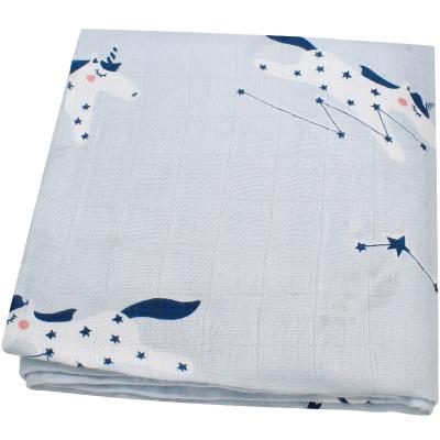 China Anti-pilling 100% Bamboo Muslin Unicorn Blue Design Newborn Baby Wrap Blanket Accept Custom for sale