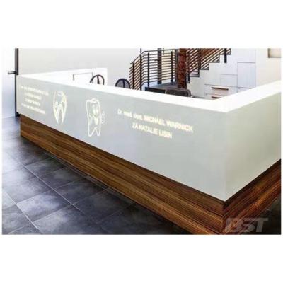 China Modern Wooden Office Revolving Medical Front Desk Reception Counter Customize Logo Front Desk Counter for sale