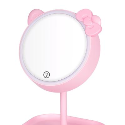 China Portable Multi-Functional Makeup Mirror Pink Lighted LED Cat Ear Lighted Cute Makeup Mirror for sale