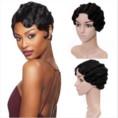 China Wholesale Price Curly Short Curly Pixie Cut Finger Wave Wig, Machine Made Colored Short Wave Wigs, 100% Hair for sale