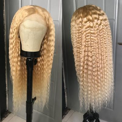 China High Quality Pre Made Virgin Deep Wave Real Hair Medium Length 4X4 Honey Blonde Deepwave Lace Front Wig for sale