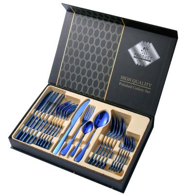 China Chengli Stainless Steel 24pcs Flatware Set Gift Box Silverware High Quality Viable Blue Gold Knife Fork Spoon Cutlery Set With Case for sale