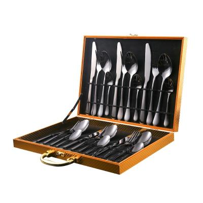 China Chengli Stainless Steel 24pcs Flatware Set Gift Box High Quality Viable Silverware Gold Handle Box Kids Black Cutlery Set With Case for sale