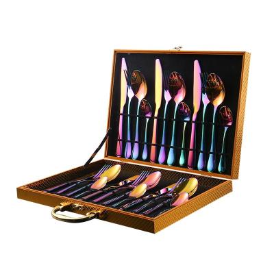 China 24pcs Stainless Steel Rainbow Kids Flatware Spoon Set Gift Box Silverware Gold Handle Box Viable High Quality Cutlery Set With Case for sale