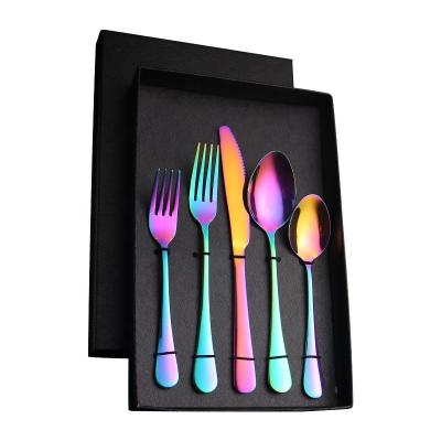 China Chengli High Quality Viable Stainless Steel 5pcs Flatware Set Rainbow Flatware Set Black Gift Box Knife Fork Spoon Silverware With Case for sale